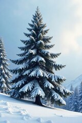 Obraz premium Majestic Snow-laden Pine Tree in Serene Winter Landscape A symbol of enduring strength and natural beauty against a backdrop of pristine snow and frost.