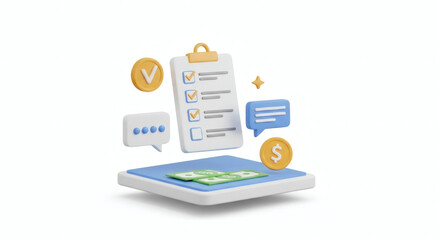Financial planning concept with a checklist, coins, money, and communication bubbles, a modern and professional illustration