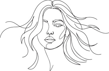 A vector illustration of a minimalist female face with flowing hair in continuous line art a modern aesthetic.