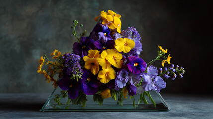 Yellow and Purple Flower Bouquet in Glass Triangle