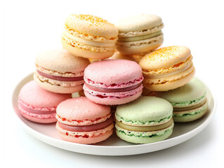 Obraz premium A white plate with colorful macarons stacked neatly, pastel pink, green, and yellow, isolated on white 