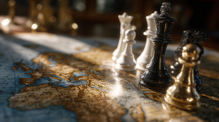 High-contrast image of chess pieces arranged on an old-world map surface, sunlight casting dramatic highlights, evoking themes of power, influence, and global political strategy in