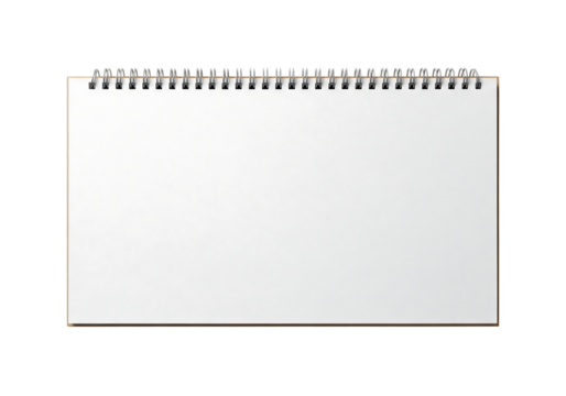 Open blank spiral bound sketchbook or notepad with white pages. Isolated on transparent background, png