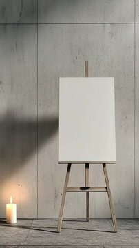 A blank canvas stands on an easel in a minimalistic indoor space. A candle is lit nearby, casting a warm glow around the area, creating a serene atmosphere in the evening.