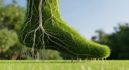 A human foot intricately formed from lush green grass, with visible roots connecting it to the earth. This powerful visual metaphor represents connection to nature