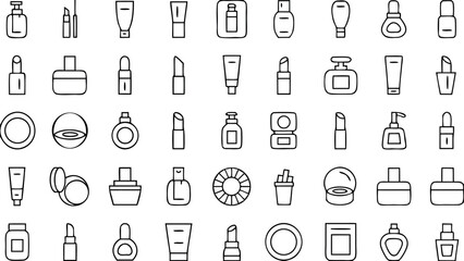 Collection of Black and White Line Art Icons Depicting Various Cosmetic Products and Beauty Items in a Grid Pattern