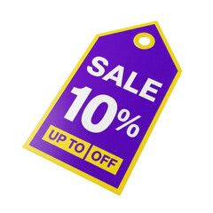 Purple sale tag featuring ten percent off and up to off text