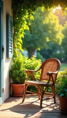 Rustic Cane Chair on Sun-Drenched Porch Overlooking Vibrant Summer Garden