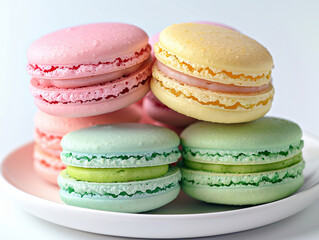 Obraz premium A white plate with colorful macarons stacked neatly, pastel pink, green, and yellow, isolated on white 