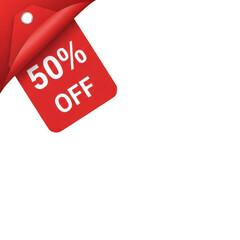 Red tag with fifty percent off sale announcement and peeling corner