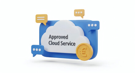 Approved Cloud Service with Euro Coin, Communication Bubbles, and Blue Background