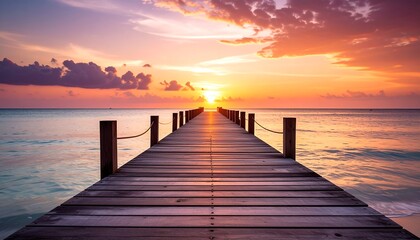 Obraz premium Sunset wooden pier over calm ocean