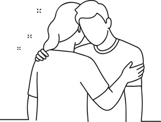 A vector illustration of one person comforting another with a hug showing empathy and support in outline style