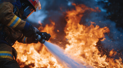 Naklejka premium Close-up action shot of firefighterâs hands gripping fire extinguisher nozzle, spraying foam toward fierce flames, smoke billows behind, safety helmets visible, rigorous fire safet