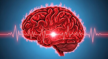 Red Brain with Heartbeat Line and Glowing Center in Digital Illustration