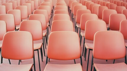 Obraz premium Rows of empty coral pink chairs in an auditorium or conference hall.