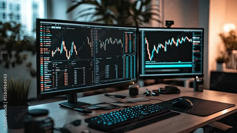 Poster sophisticated trading setup with dual monitors for market data and a stylish keyboard with accessori