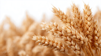 High-resolution close-up of wheat ears with plump ripe grains, softly illuminated to highlight surface details, displayed on white background for clean agricultural banner designs