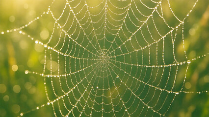Dew-kissed Spiderweb at Sunrise: Intricate Nature Macro Photography, Serene Green Background