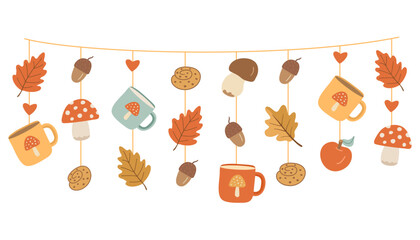 Cute autumn garland with cups, mushrooms, cookies, apples and falling leaves. Perfect for fall themed decor, party invitations, scrapbooking and seasonal crafts.