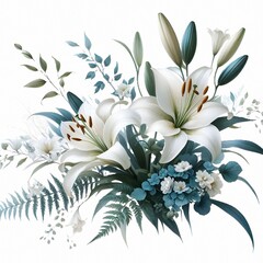 Elegant white lily flowers with blue-green foliage and fern leaves, watercolor digital art, high resolution, white background, graceful botanical design.type 1