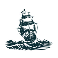 Vintage Sailing Ship on the Open Sea Vector Illustration