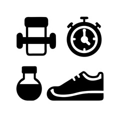 Fitness icons dumbbell, yoga mat, running shoe, stopwatch.