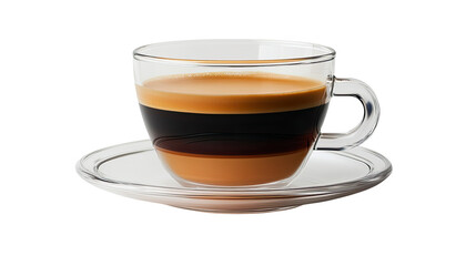 Transparent glass espresso cup showcasing layers of dark coffee and rich golden crema isolated on white background