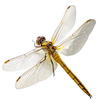 A single beautiful dragonfly with transparent iridescent wings perched on a stem isolated on a transparent background png