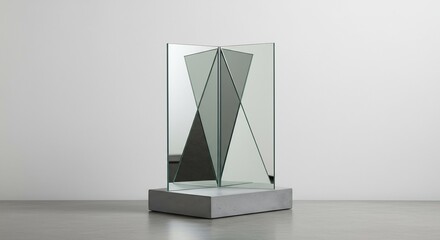 Geometric mirror and glass sculpture on a concrete base exhibiting abstract reflections in a bright room