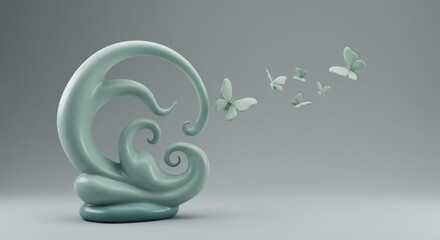 Glossy teal abstract sculpture with swirling forms with light teal butterflies emerging and flying right