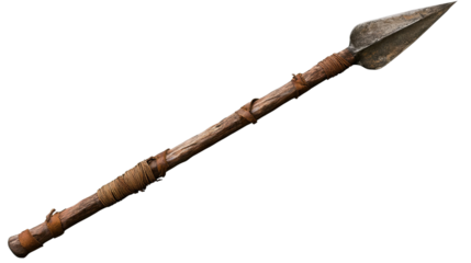 A handcrafted spear with wooden shaft and sharp metal tip tribal weapon isolated on white background