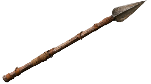 A handcrafted spear with wooden shaft and sharp metal tip tribal weapon isolated on white background