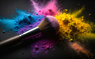 Color Explosion with Makeup Brush – Vibrant Powder Pigment Splash on Black Background
