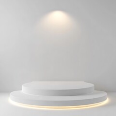 Minimalist white two tiered circular podium illuminated by a warm spotlight from above