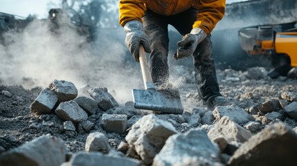 Construction worker demolishing concrete with a sledgehammer, dust and debris surrounding him.