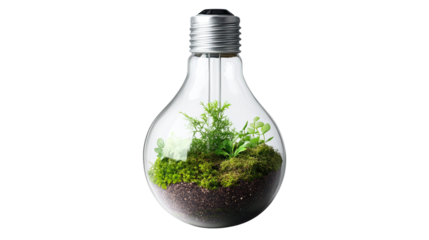 Light bulb shaped glass terrarium containing fresh soil, green moss, and natural elements for eco decoration isolated on white background