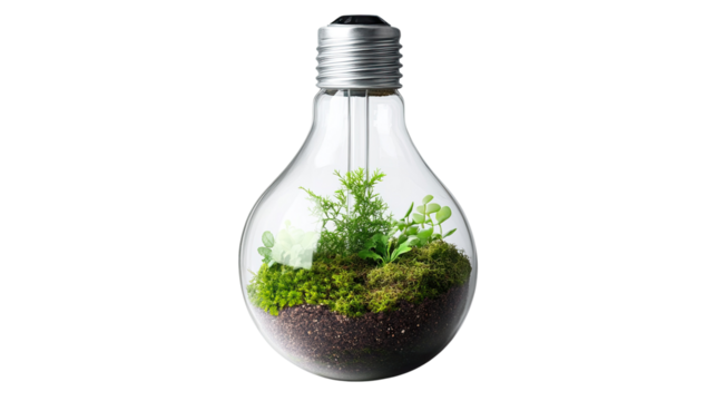 Light bulb shaped glass terrarium containing fresh soil, green moss, and natural elements for eco decoration isolated on white background