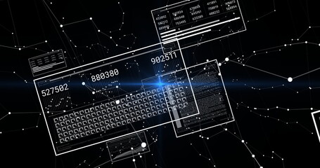 Floating data panel displaying numeric codes and grid in network space, with linked nodes and lines