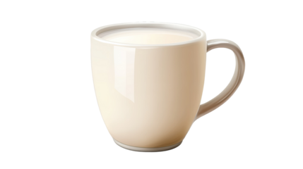 Ceramic mug half full of fresh white milk viewed from angle with smooth surface and clean design isolated on white background