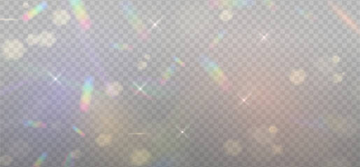 Various Colorful spots of reflected sunlight. Rainbow reflection light prism effect on light background. Hologram glass dispersion, crystal flare leak shadow overlay. Vector illustration