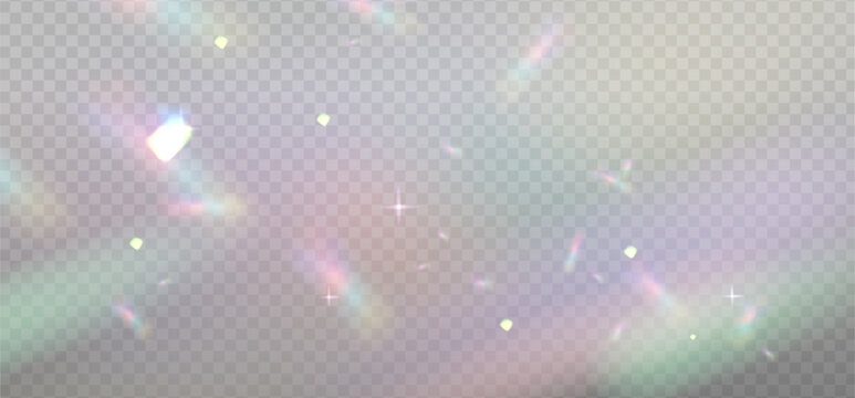Colorful lenses and light flares with transparent effects. Iridescent crystal leak glare reflection overlay effect. Optical rainbow lights, glare, leak. Vector sparkle falling confetti.