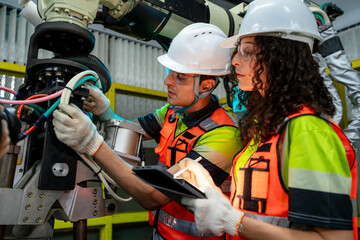 Two people wearing safety gear are working on a machine. Team of engineers collaborating on programming and maintenance of a robotic arm in a smart factory.