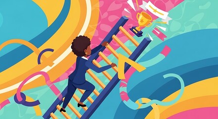 Businesswoman Climbing Ladder Towards Trophy and Award in Colorful Abstract Background