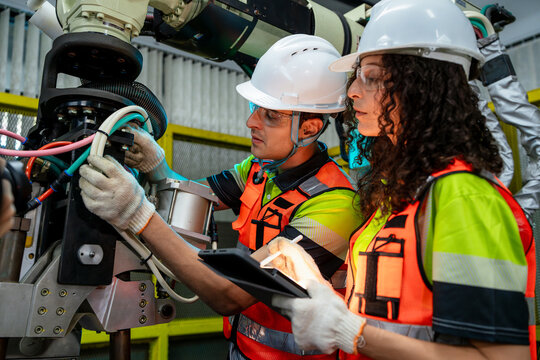 Two people wearing safety gear are working on a machine. Team of engineers collaborating on programming and maintenance of a robotic arm in a smart factory. - Powered by Adobe