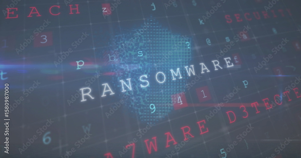 Poster displaying glowing ransomware label atop pixelated continent in network grid with floating nodes