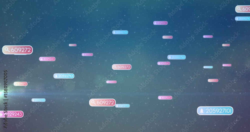 Poster floating data tags drifting across starry gradient, showing numbers and search and alert icons