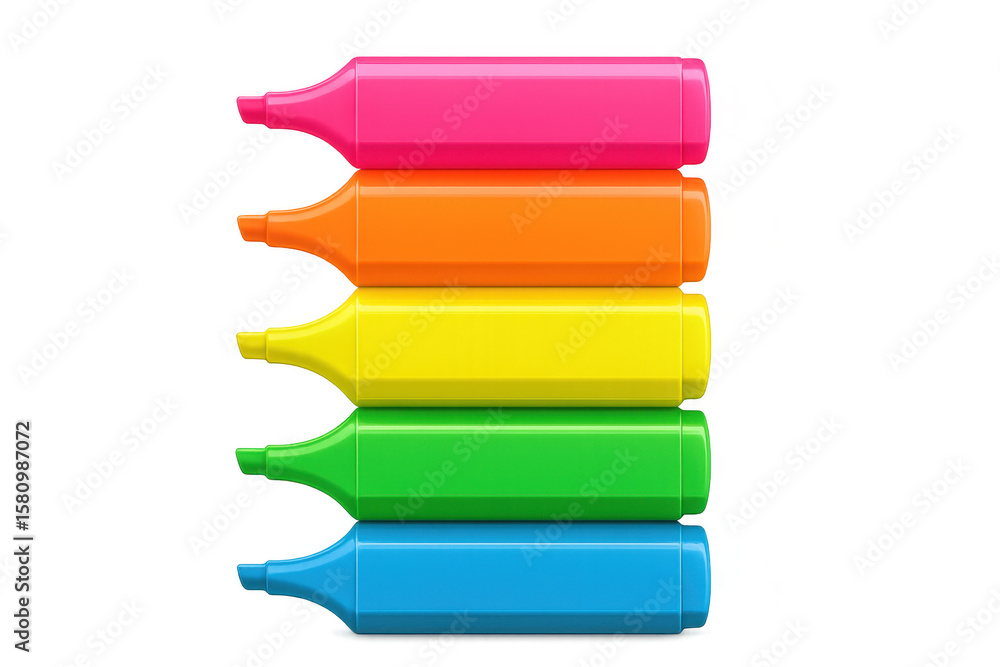 Poster row of vibrant highlighters arranged in rainbow colors on a transparent background, creating a cheer