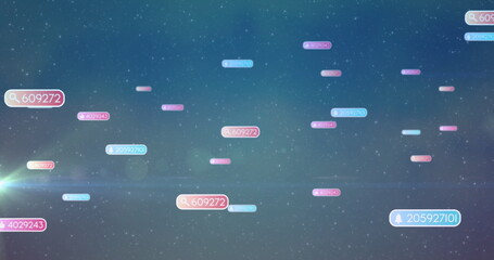 Floating data tags drifting across starry gradient, showing numbers and search and alert icons