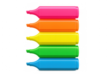 Row of vibrant highlighters arranged in rainbow colors on a transparent background, creating a cheerful and colorful composition